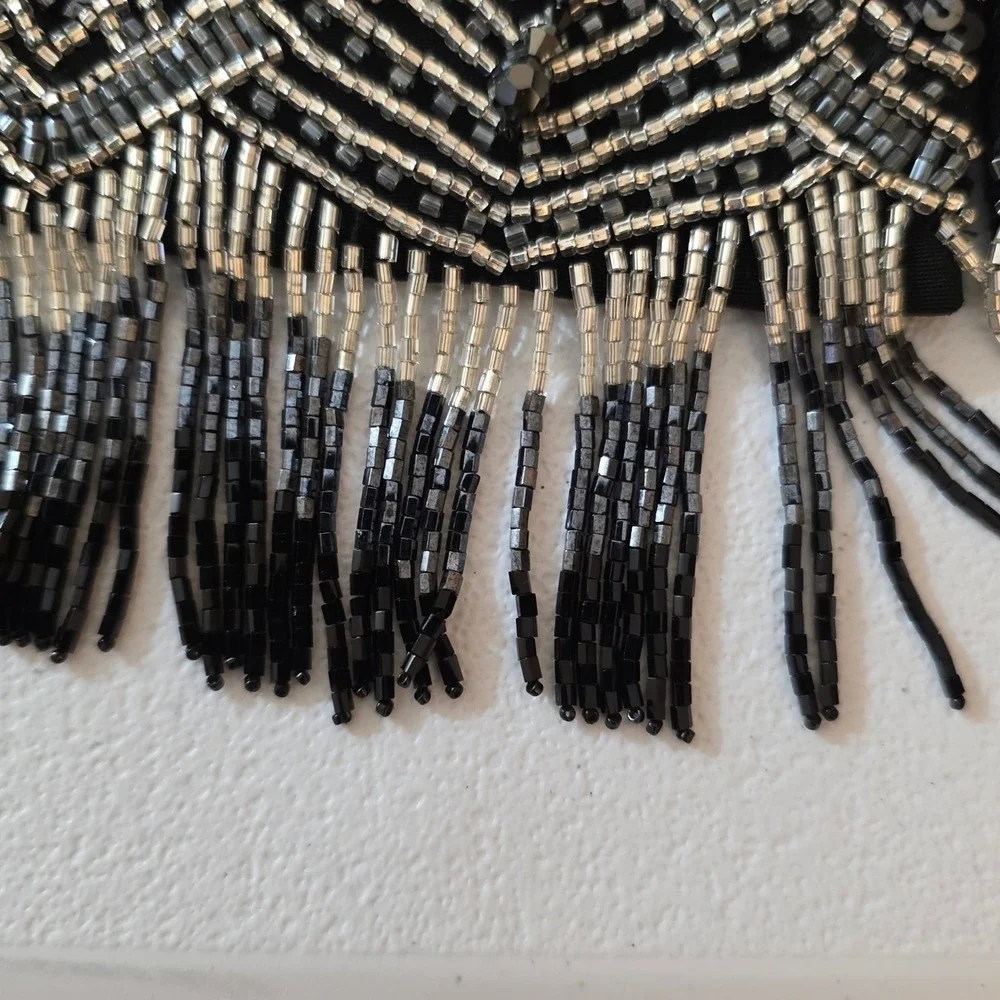 Vintage Terani Couture Beaded Fringe Blazer Women 8 Black Art Deco Sequin Formal